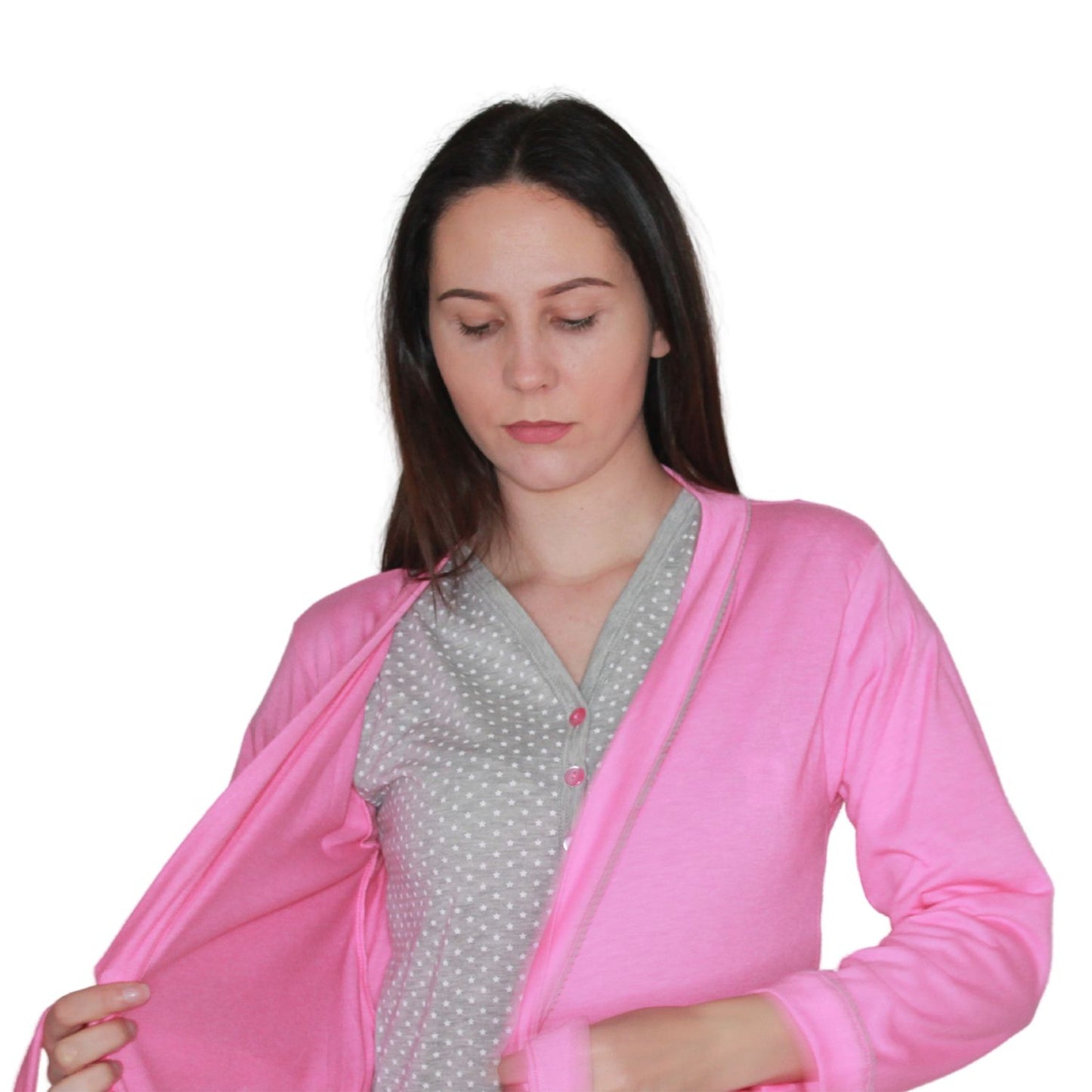 Loja do Pijama Robe Mulher com Bolsos Manga Comprida Rosa