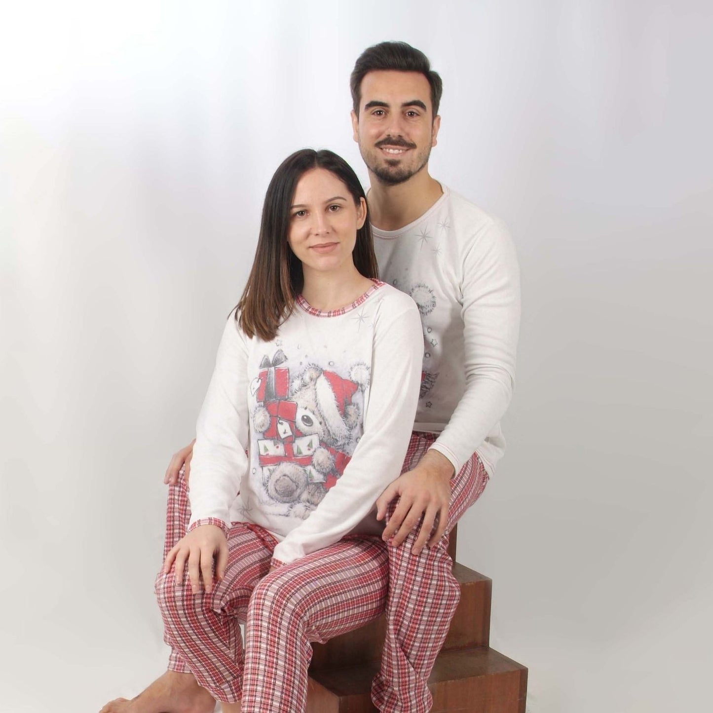 Loja Pijama Mulher Cardado de Manga Comprida Ursinho de Natal Branco