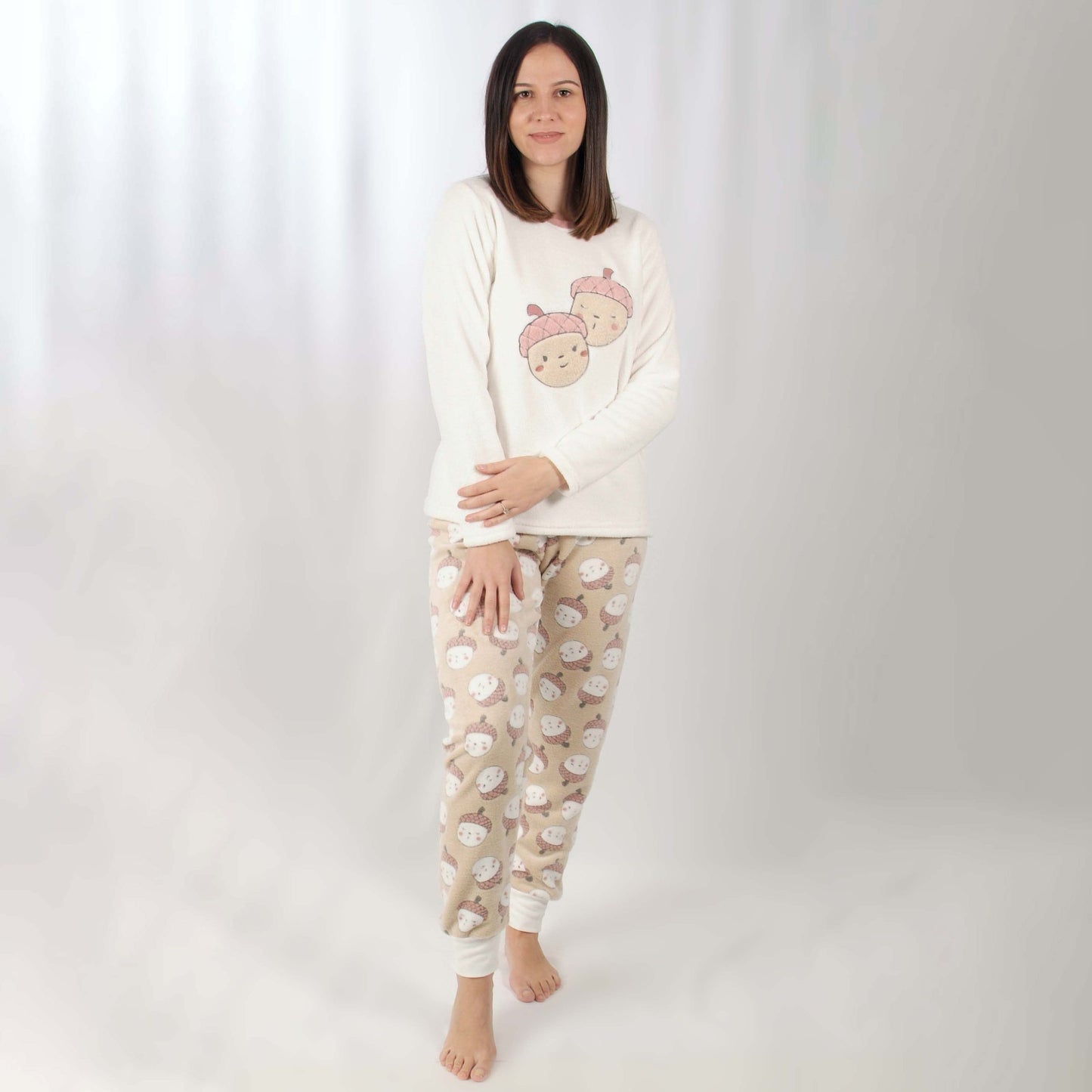 Mcova Pijama Mulher Coralina de Manga Comprida Bolota Bege