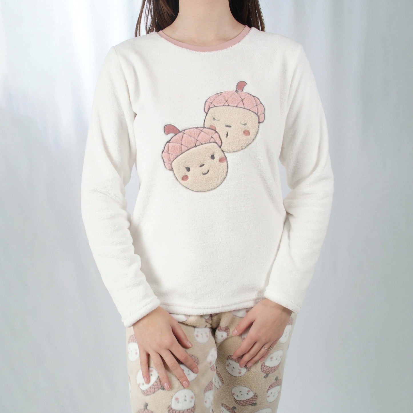Mcova Pijama Mulher Coralina de Manga Comprida Bolota Bege