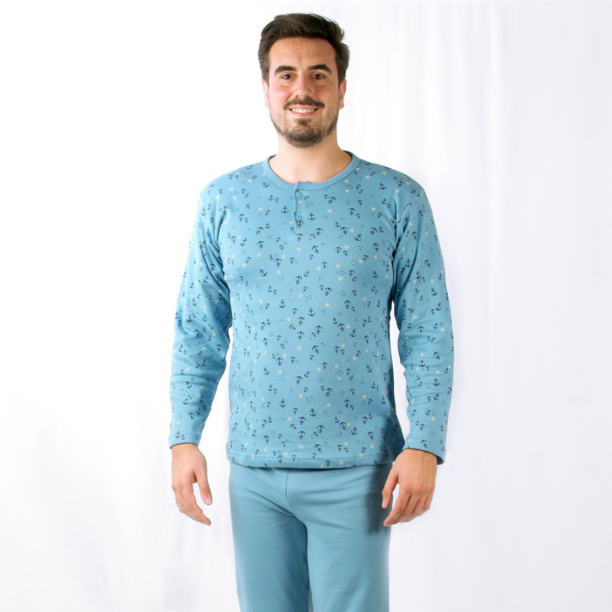 Loja do Pijama | Pijama Cardado de Manga Comprida Âncora – Homem – Azul Claro