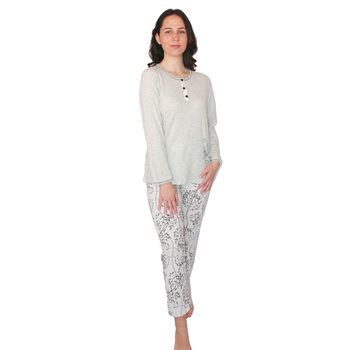 Desana Pijama Mulher de Manga Comprida com Padrao Cinzento