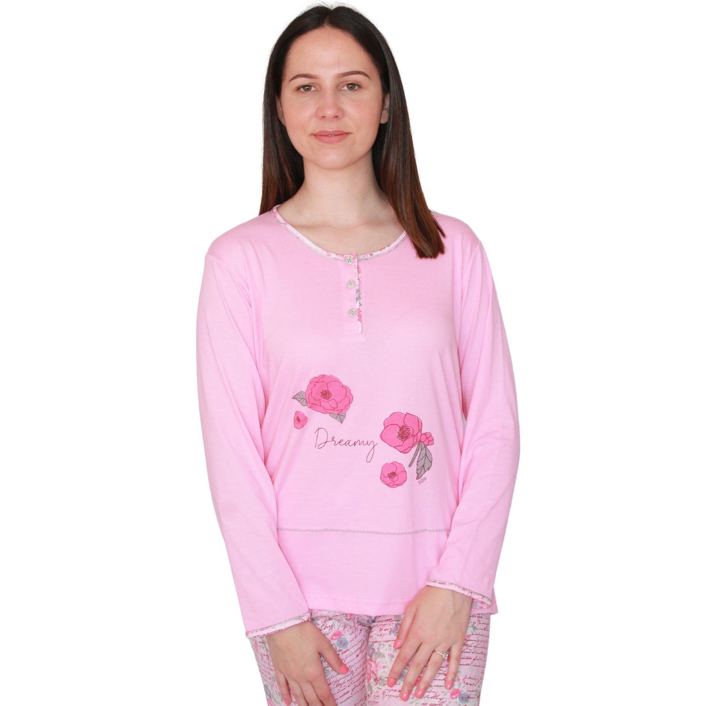 Desana Pijama Mulher Manga Comprida Com Flores Rosa
