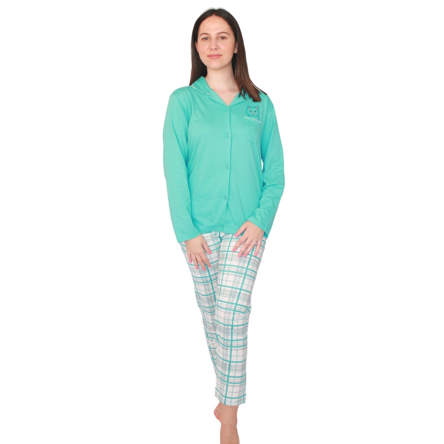 Desana Pijama Camiseiro de Mulher de Manga Comprida Azul Turquesa
