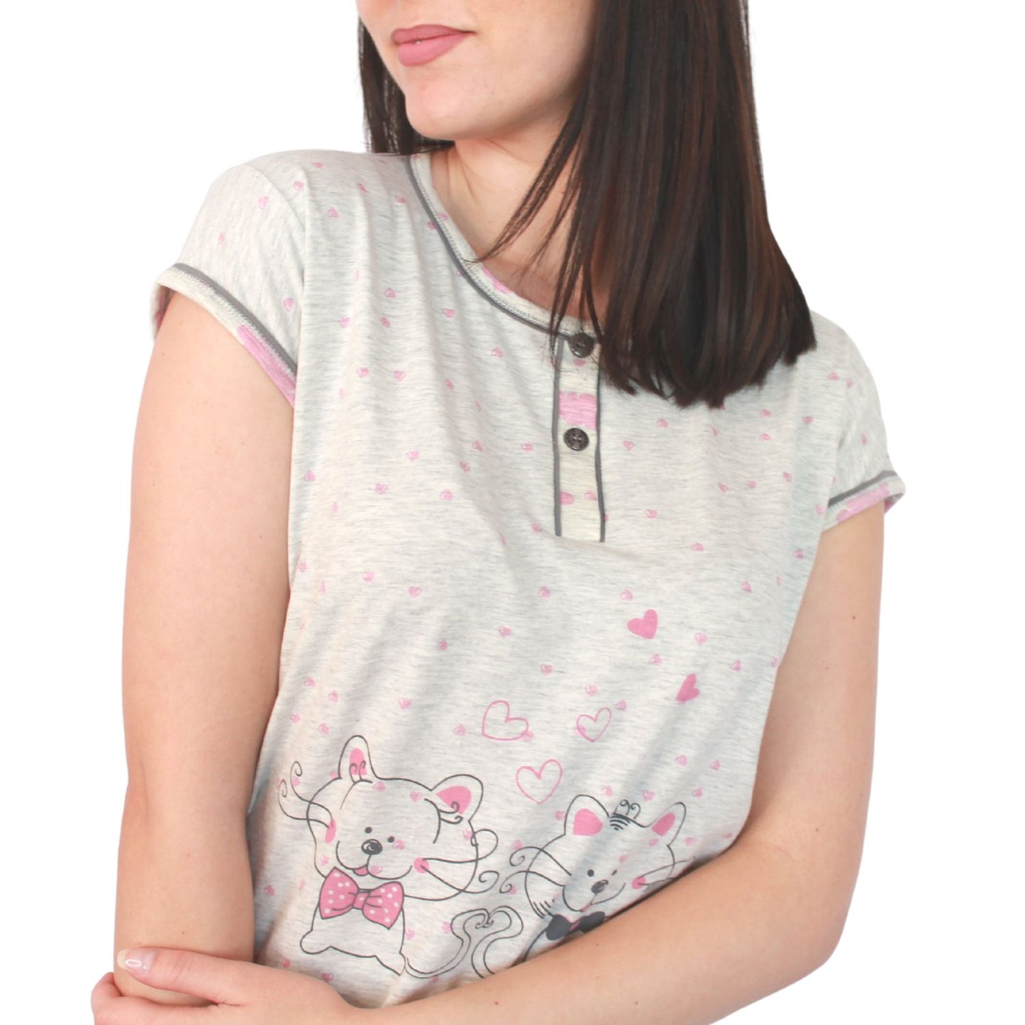 Desana Pijama Mulher de Manga Curta com 2 Gatinhos Rosa