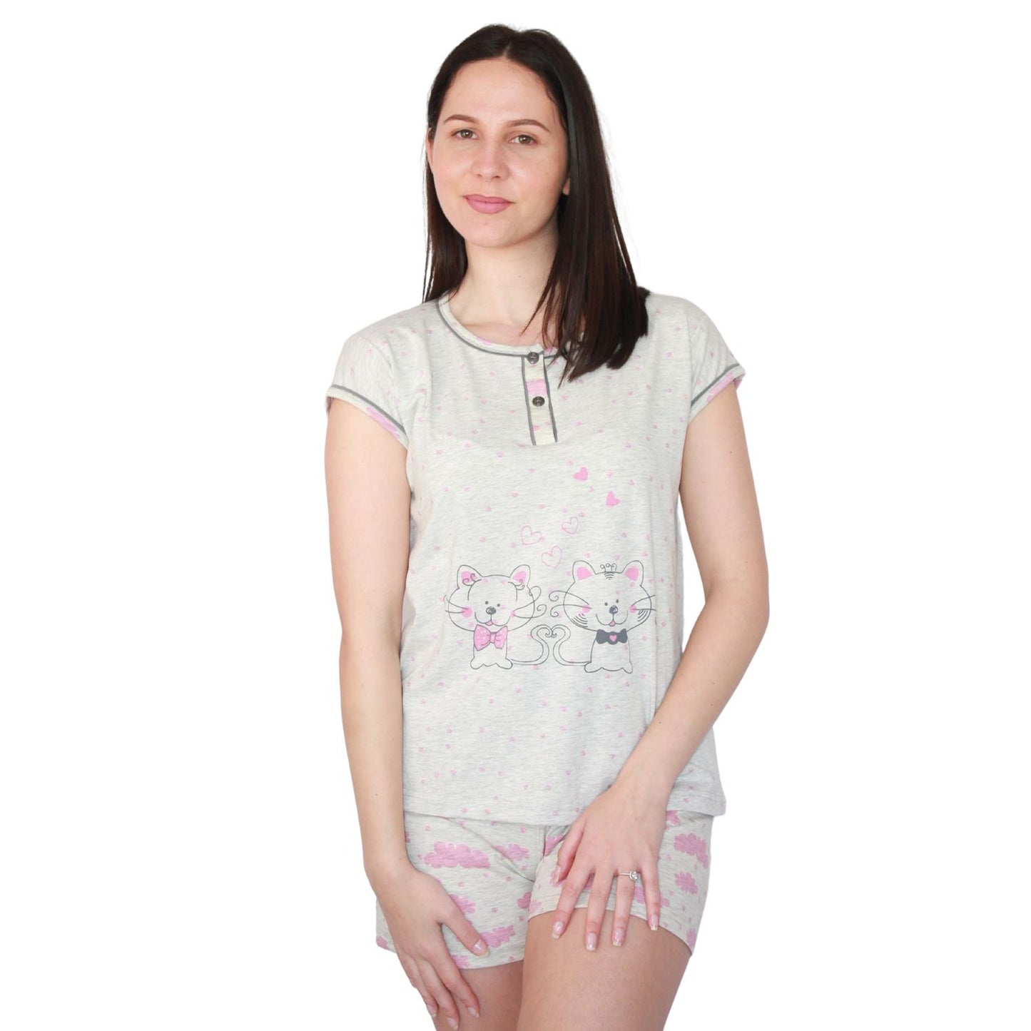 Desana Pijama Mulher de Manga Curta com 2 Gatinhos Rosa