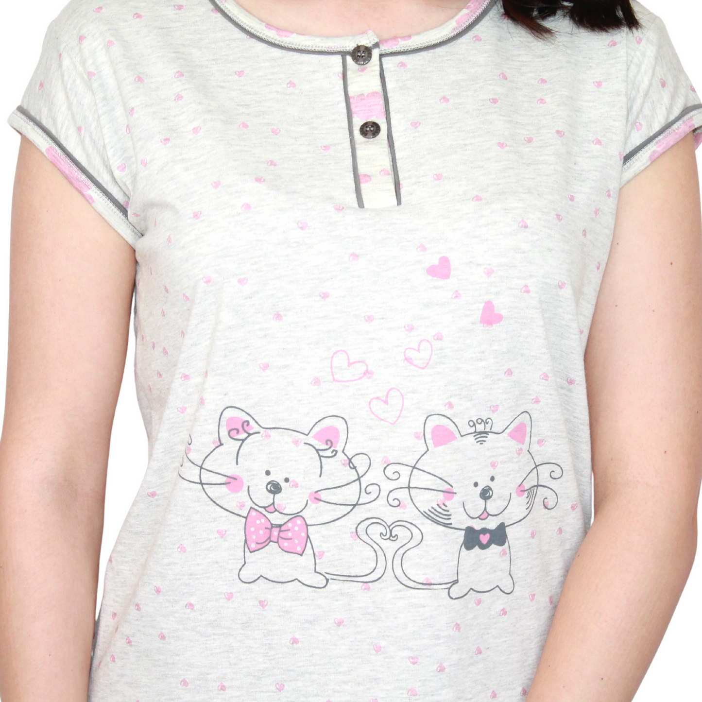 Desana Pijama Mulher de Manga Curta com 2 Gatinhos Rosa