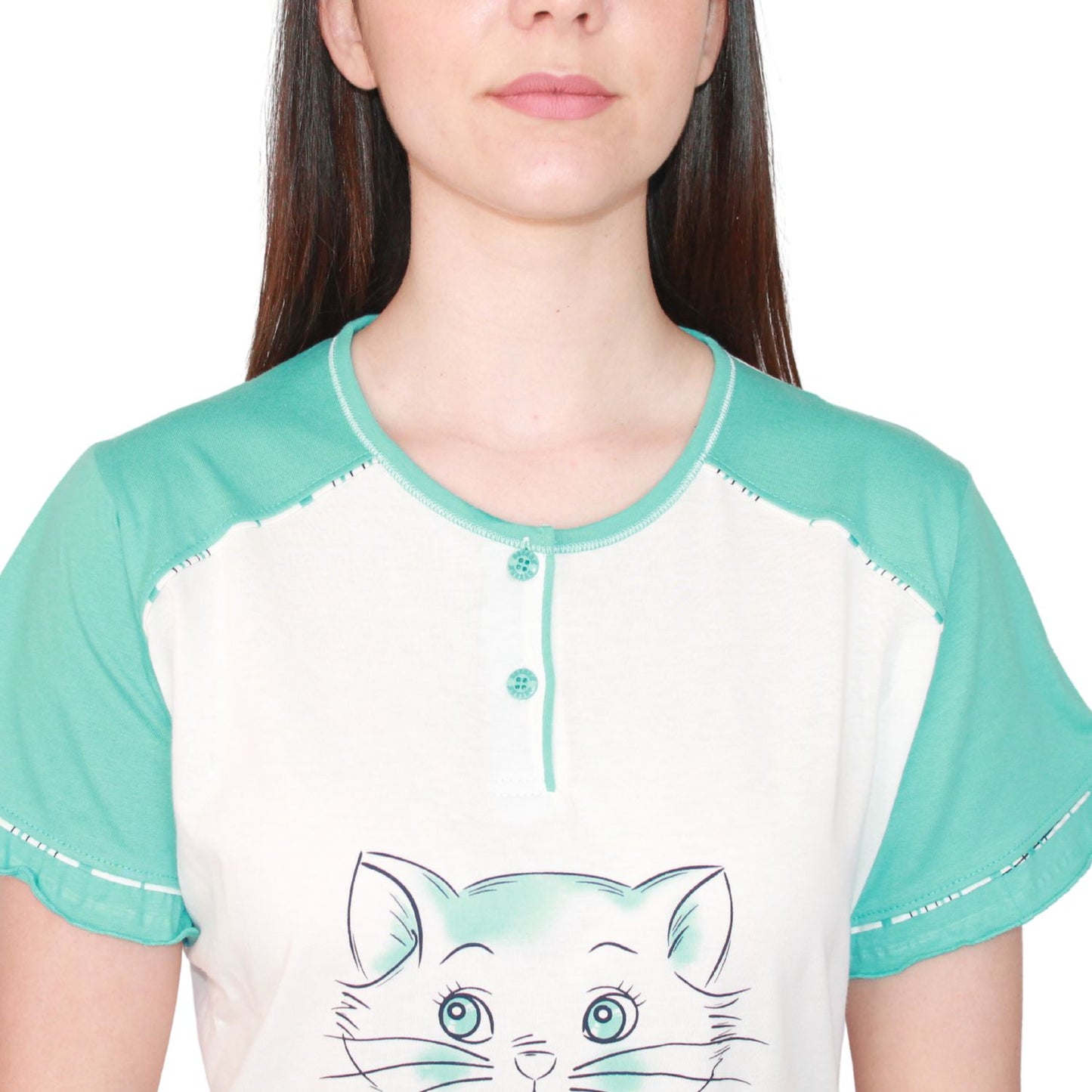 Desana Pijama Mulher de Manga Curta com Gatinho Turquesa