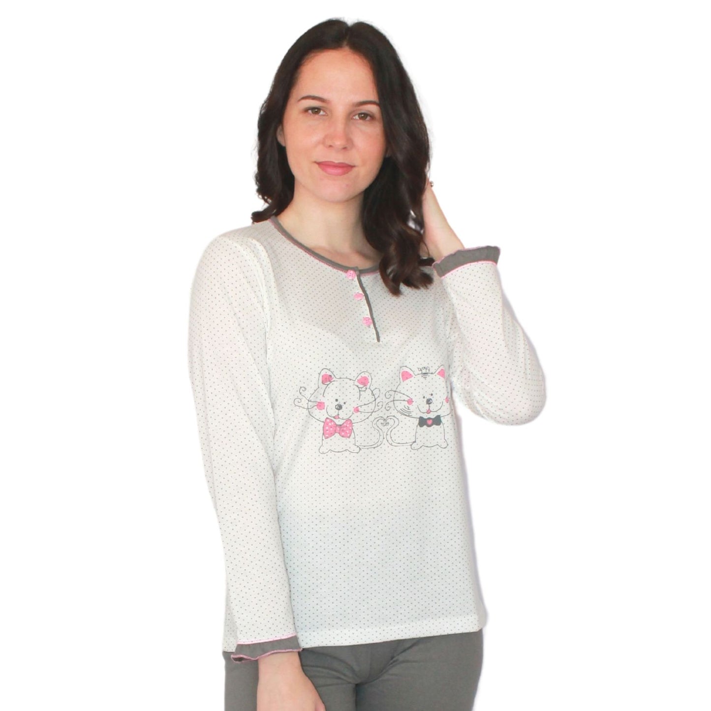 Desana Pijama Mulher de Manga Comprida com Gatinhos Cinzento