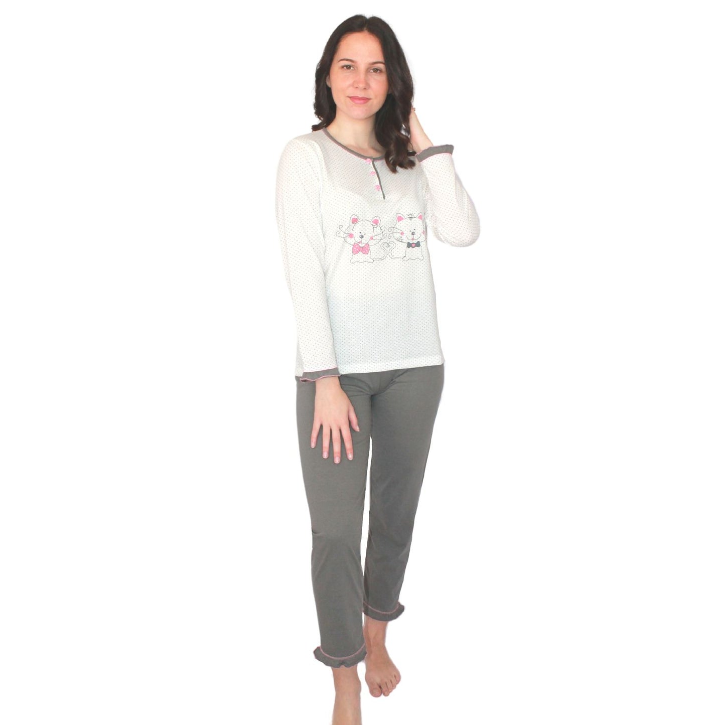 Desana Pijama Mulher de Manga Comprida com Gatinhos Cinzento