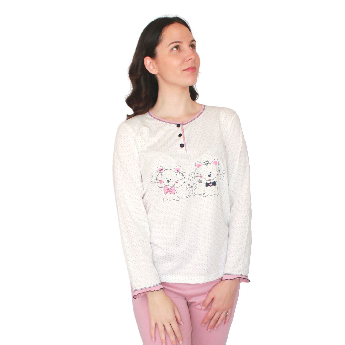 Desana Pijama Mulher de Manga Comprida com Gatinhos Rosa