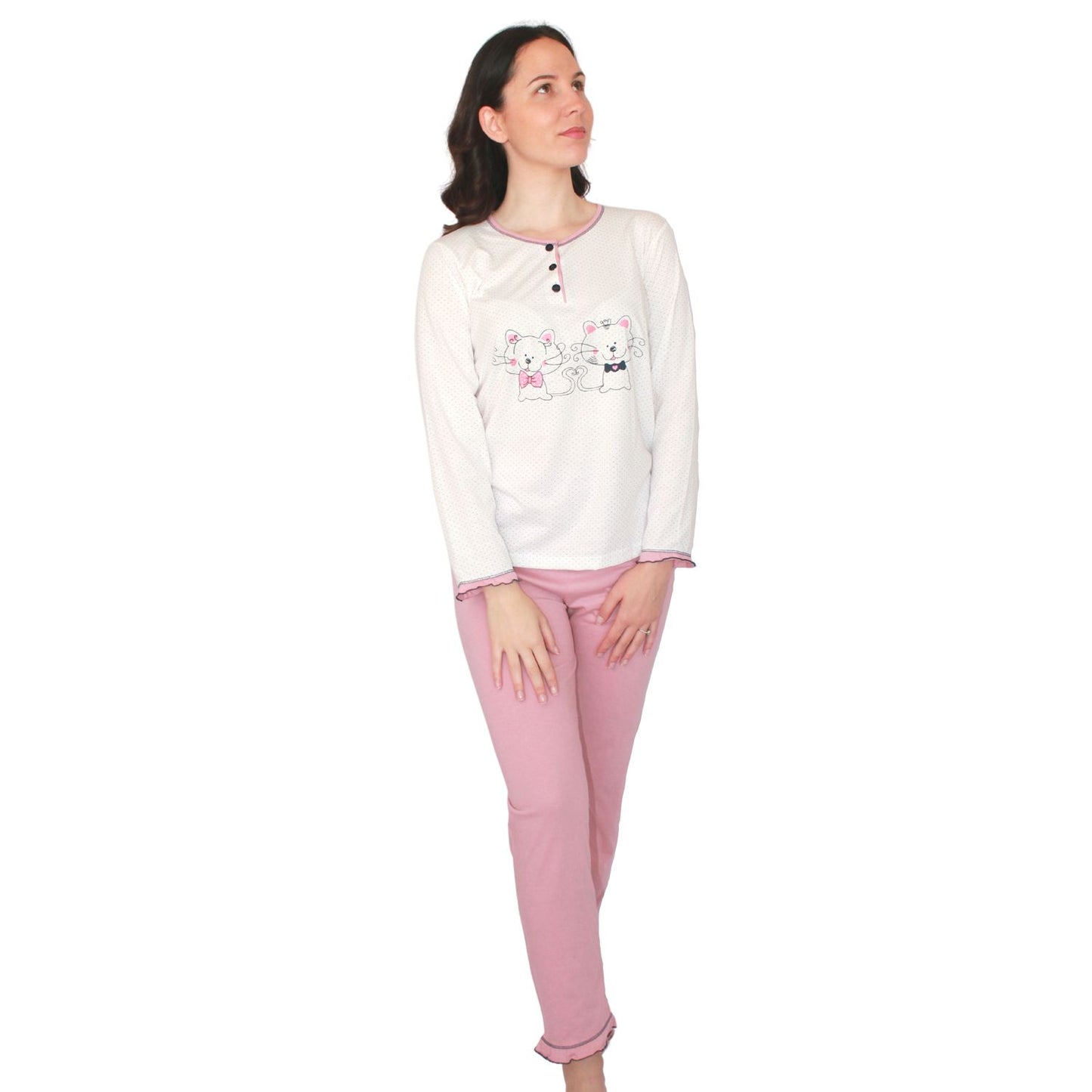 Desana Pijama Mulher de Manga Comprida com Gatinhos Rosa