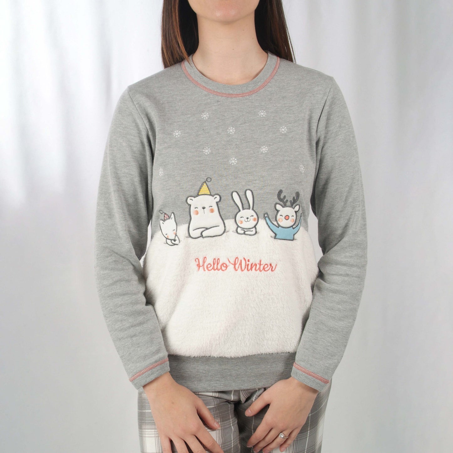 Sónia Pijama Mulher Cardado de Manga Comprida Hello Winter Cinzento