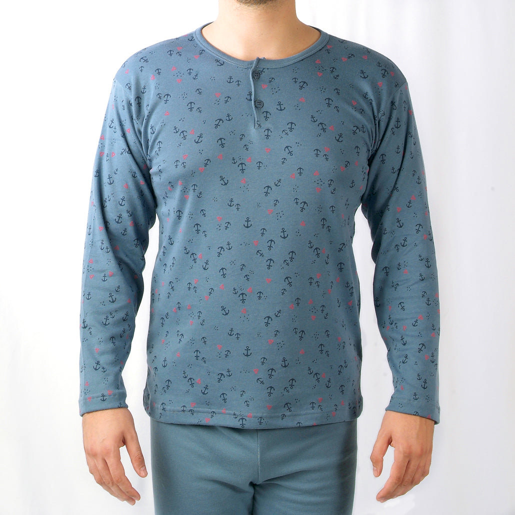 Loja do Pijama | Pijama Cardado de Manga Comprida Âncora – Homem – Azul Marinho
