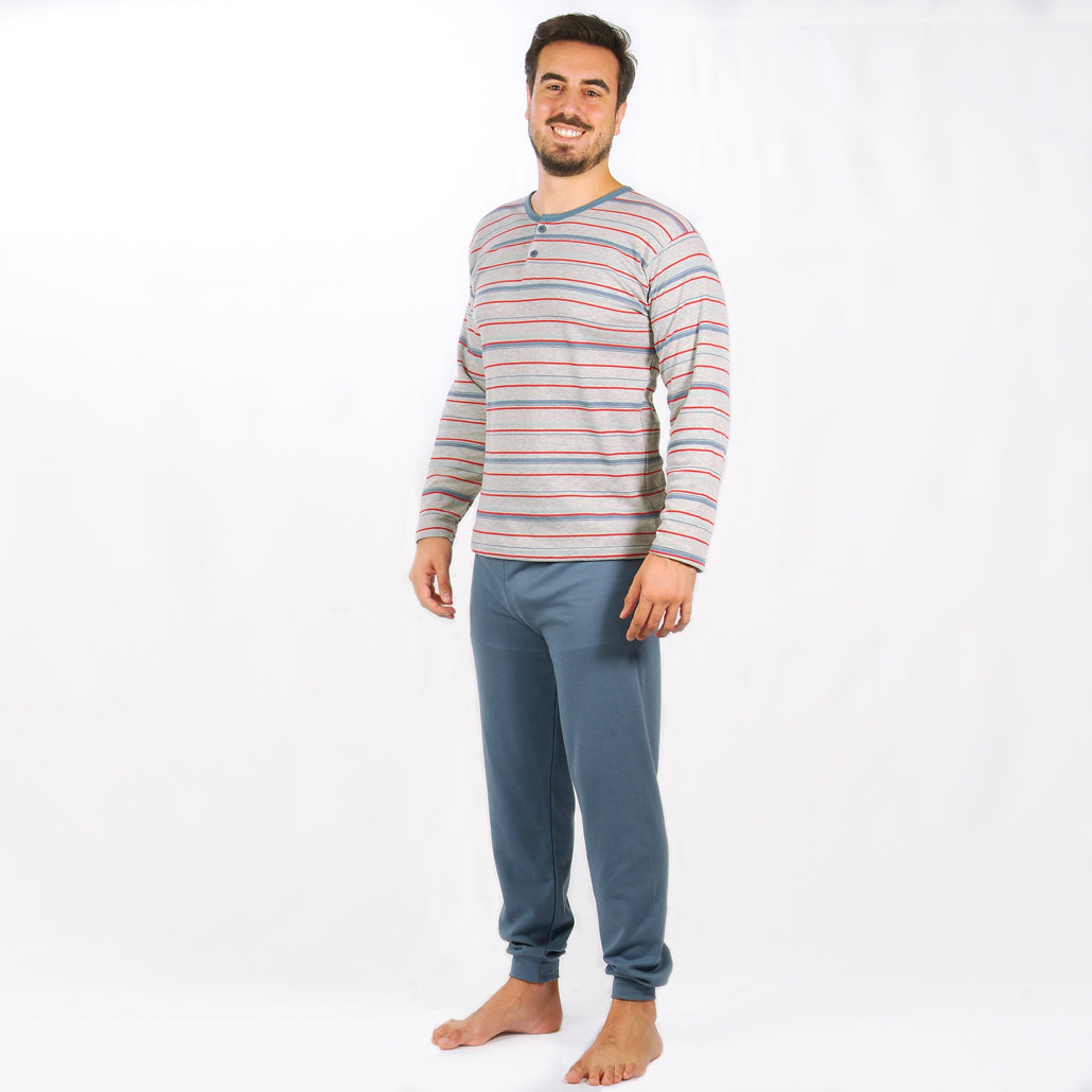 Loja do Pijama | Pijama Cardado de Manga Comprida Riscas – Homem – Azul