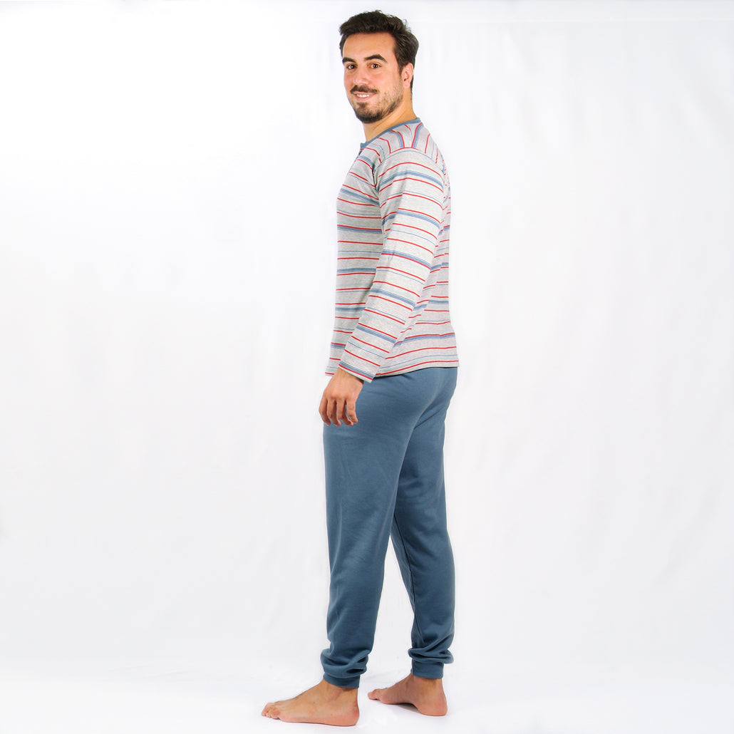 Loja do Pijama | Pijama Cardado de Manga Comprida Riscas – Homem – Azul