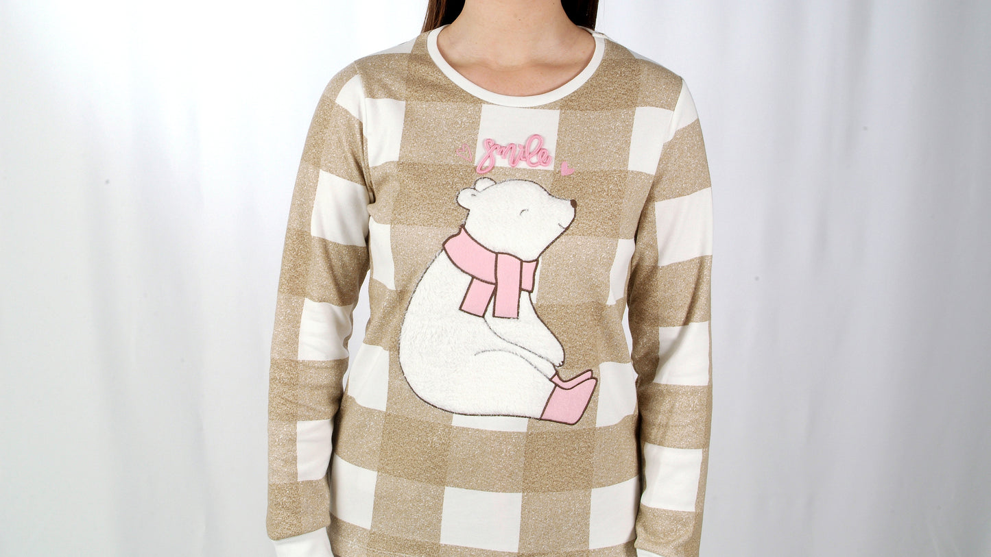 Mcova Pijama Mulher Cardado de Manga Comprida Smile Camel