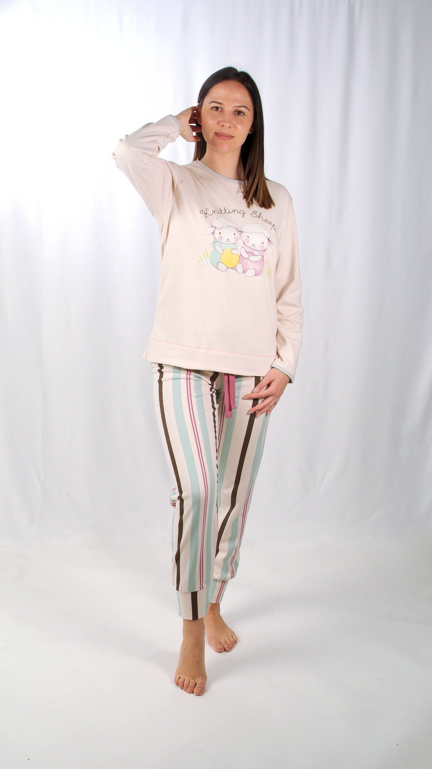 Sónia Pijama Mulher Cardado de Manga Comprida Duas Ovelhinhas Bege