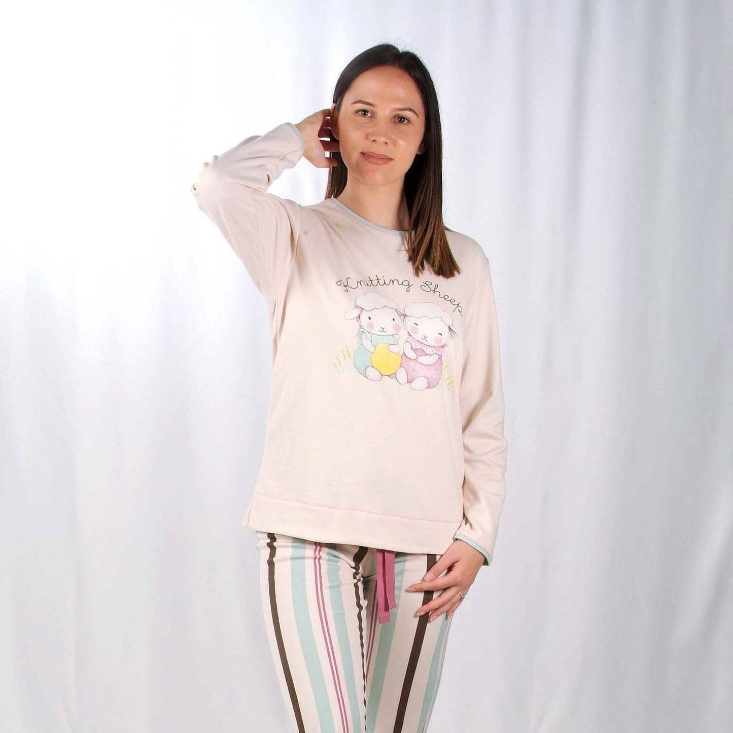 Sónia Pijama Mulher Cardado de Manga Comprida Duas Ovelhinhas Bege