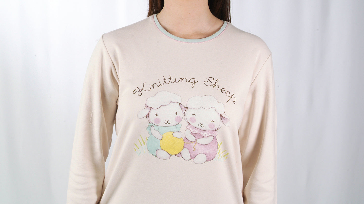 Sónia Pijama Mulher Cardado de Manga Comprida Duas Ovelhinhas Bege