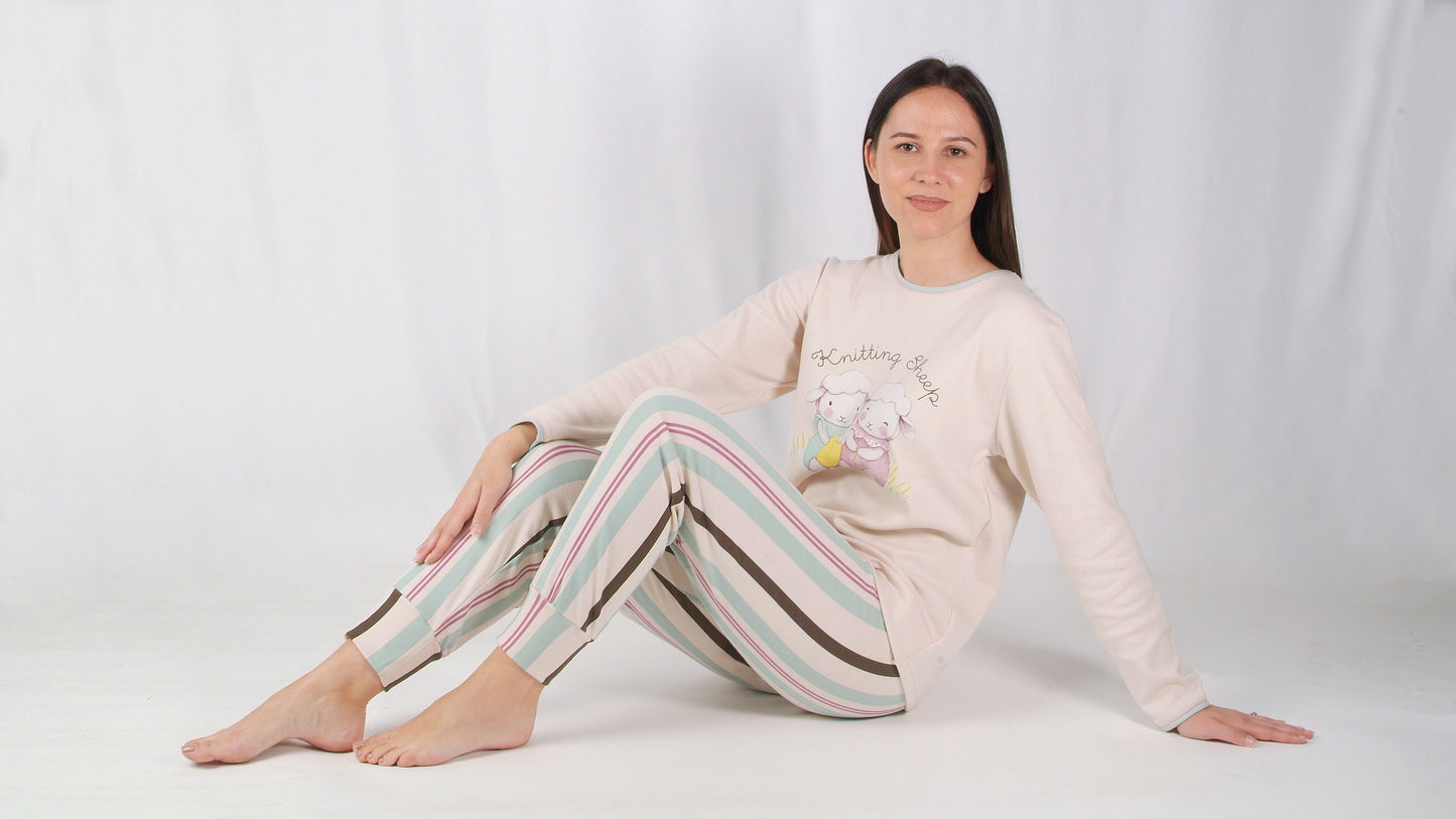 Sónia Pijama Mulher Cardado de Manga Comprida Duas Ovelhinhas Bege