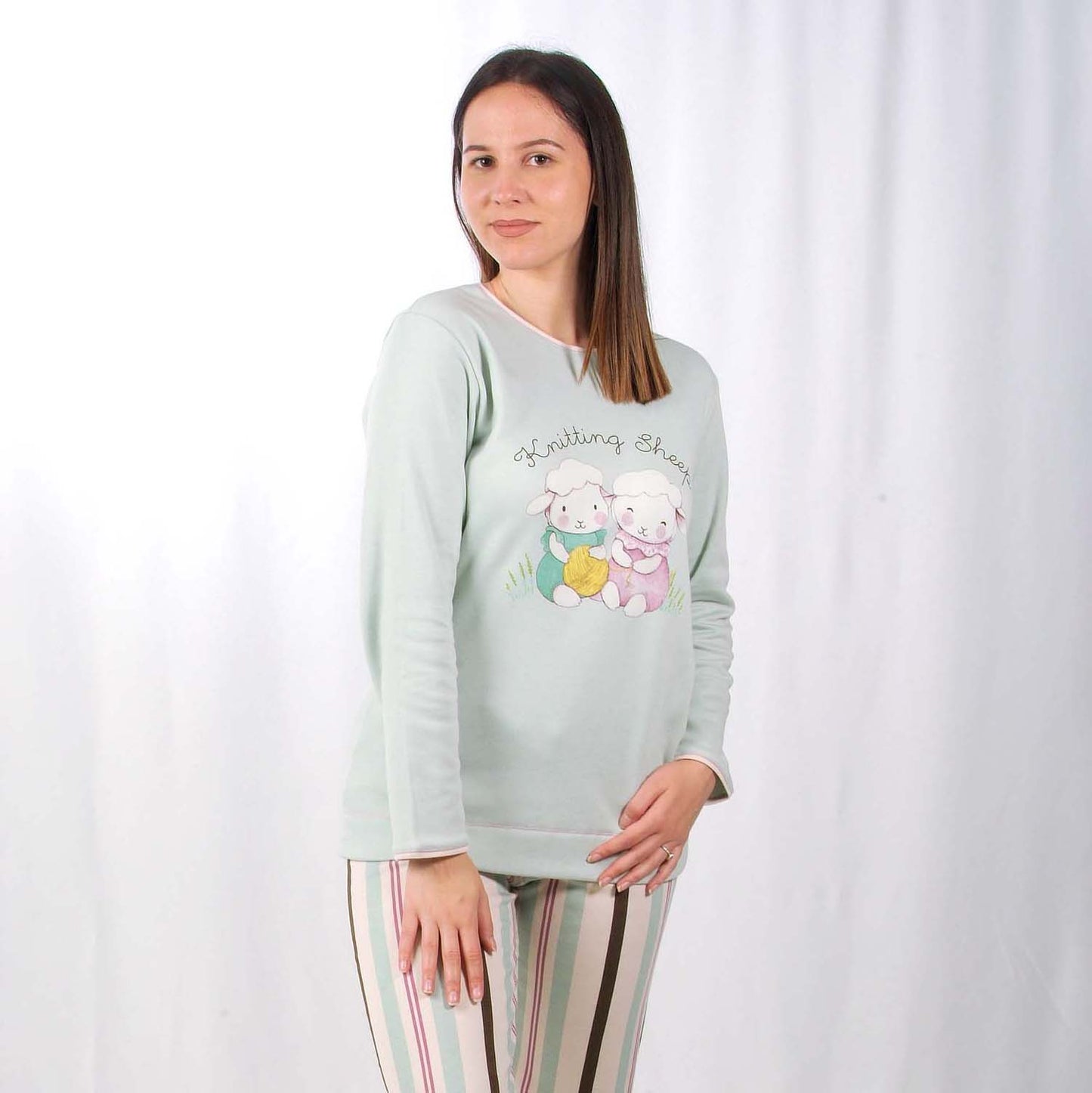 Sónia Pijama Mulher Cardado de Manga Comprida Duas Ovelhinhas Verde