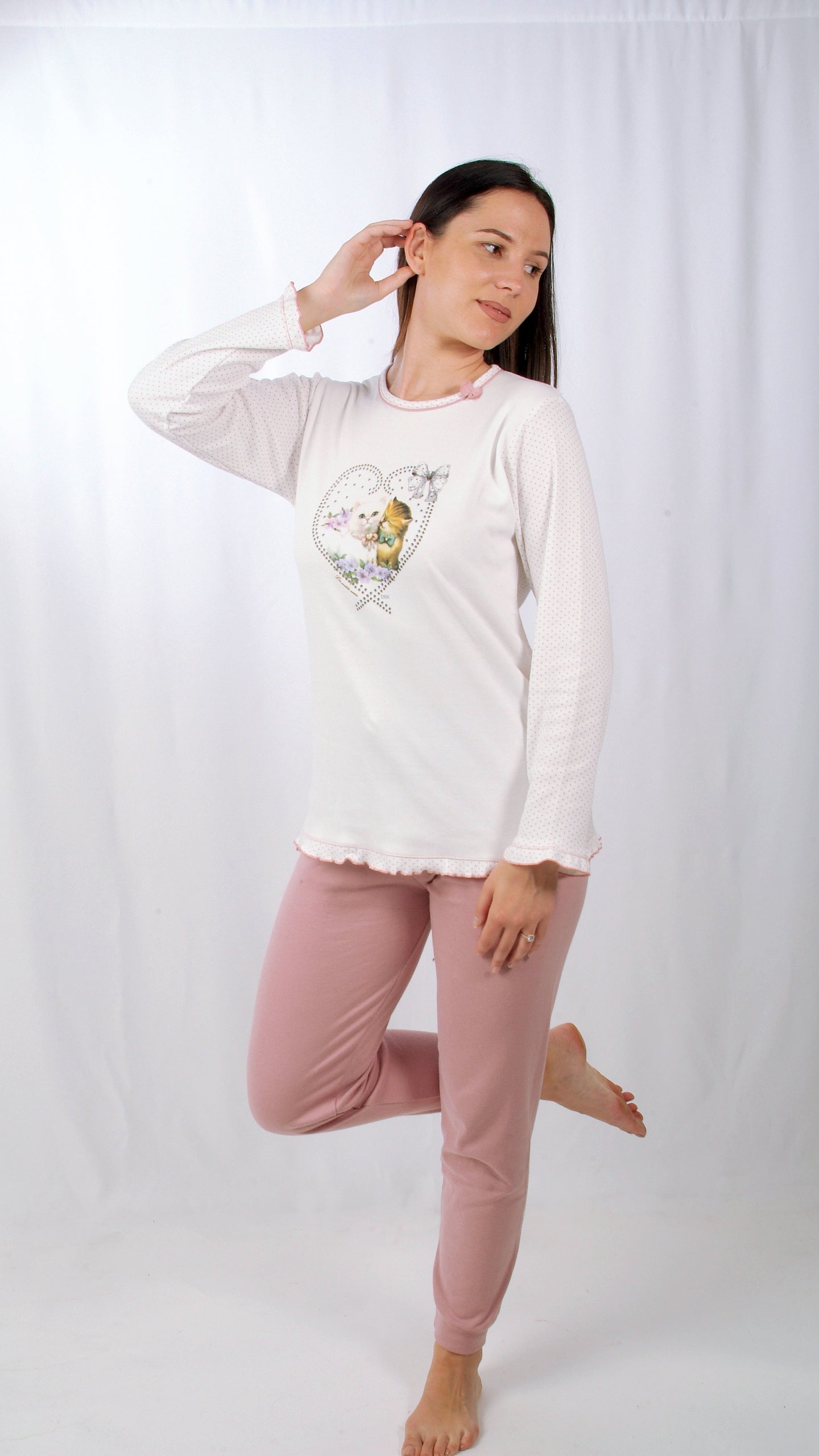 Desana Pijama Mulher Cardado de Manga Comprida Dois Gatinhos Branco