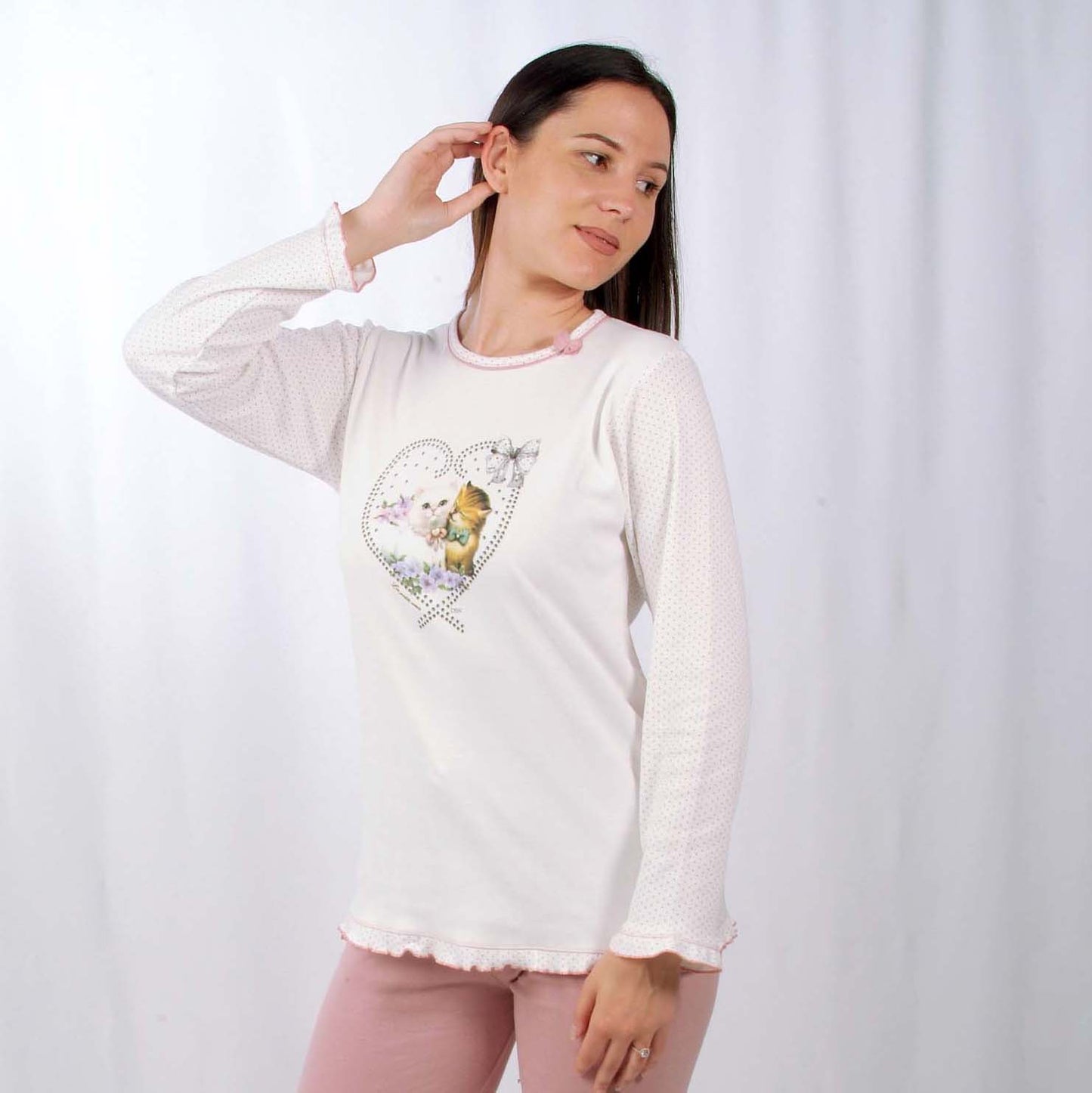 Desana Pijama Mulher Cardado de Manga Comprida Dois Gatinhos Branco