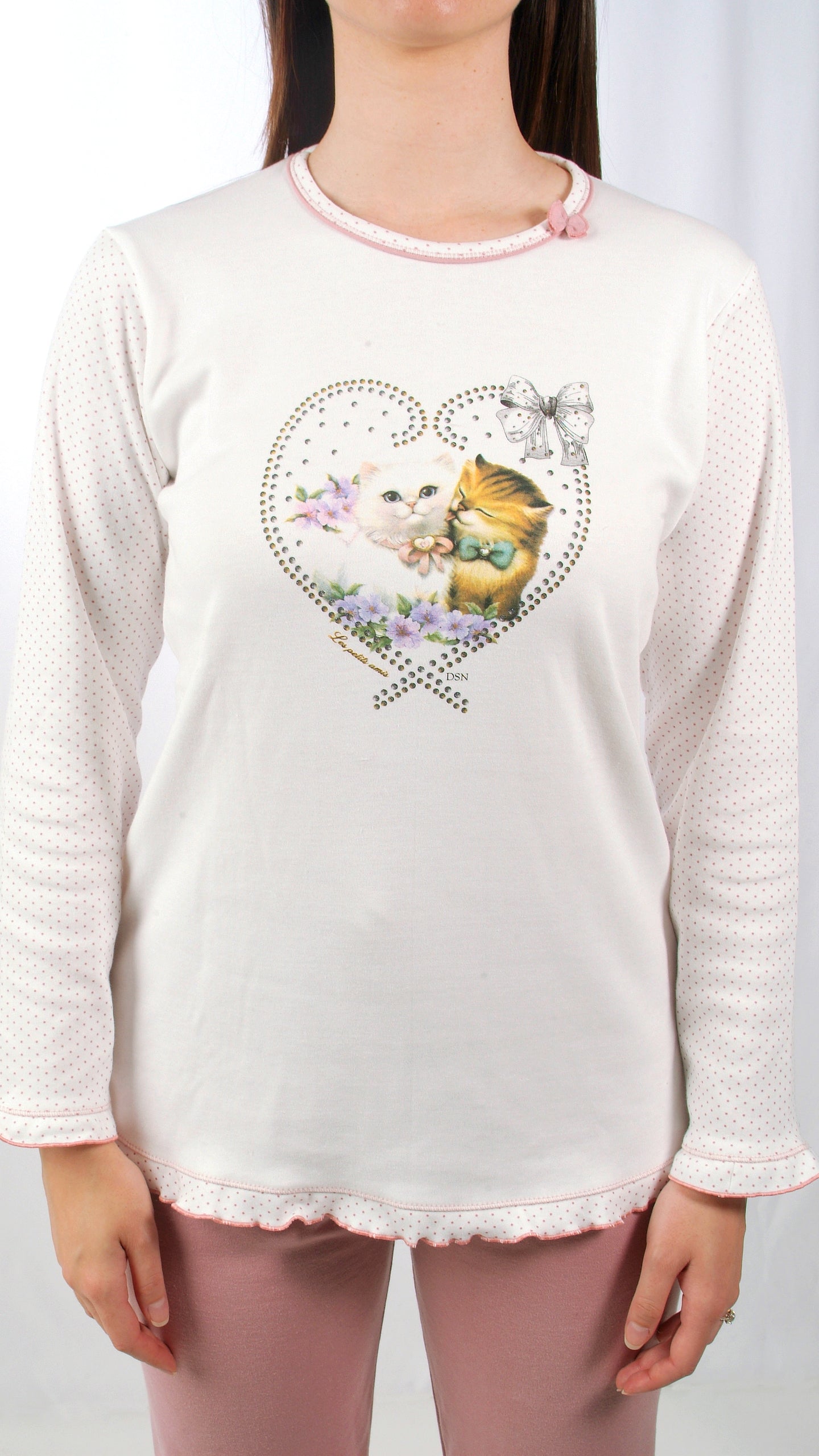 Desana Pijama Mulher Cardado de Manga Comprida Dois Gatinhos Branco