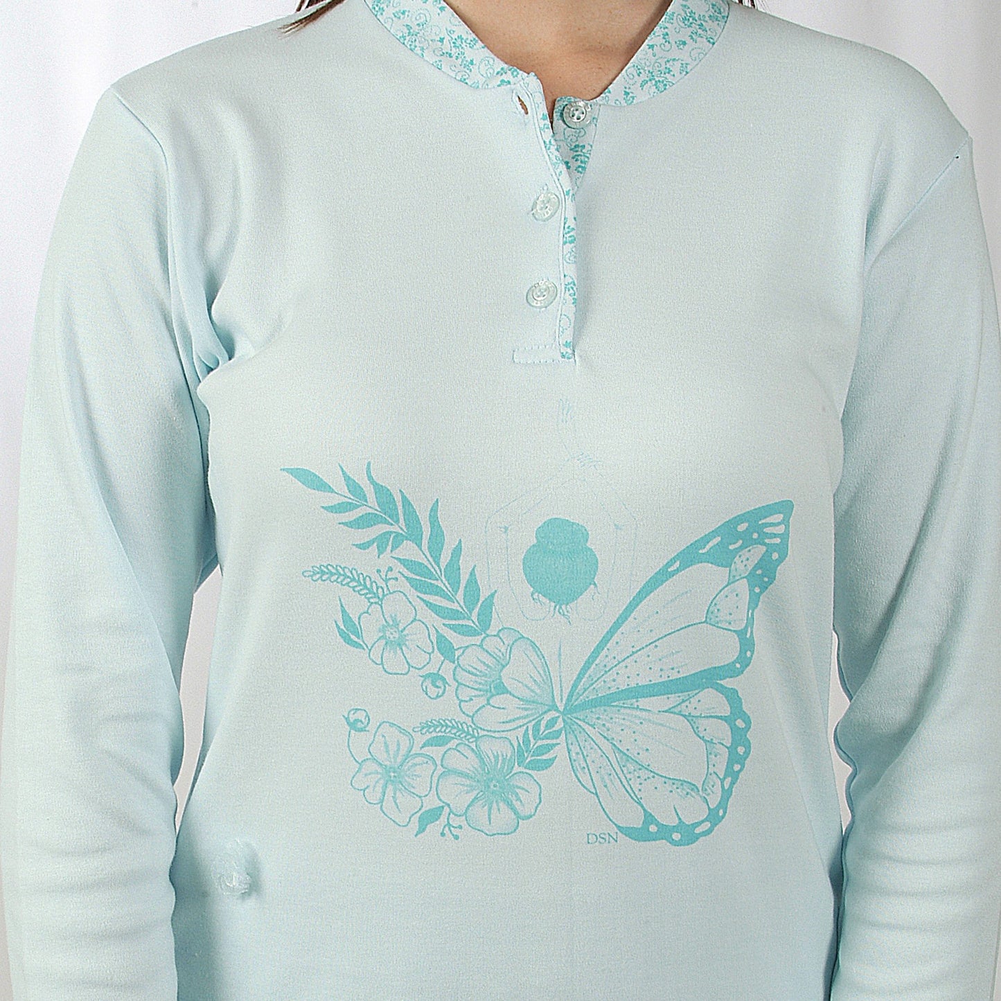 Desana | Pijama Mulher - Cardado - Manga Comprida Borboleta - Turquesa