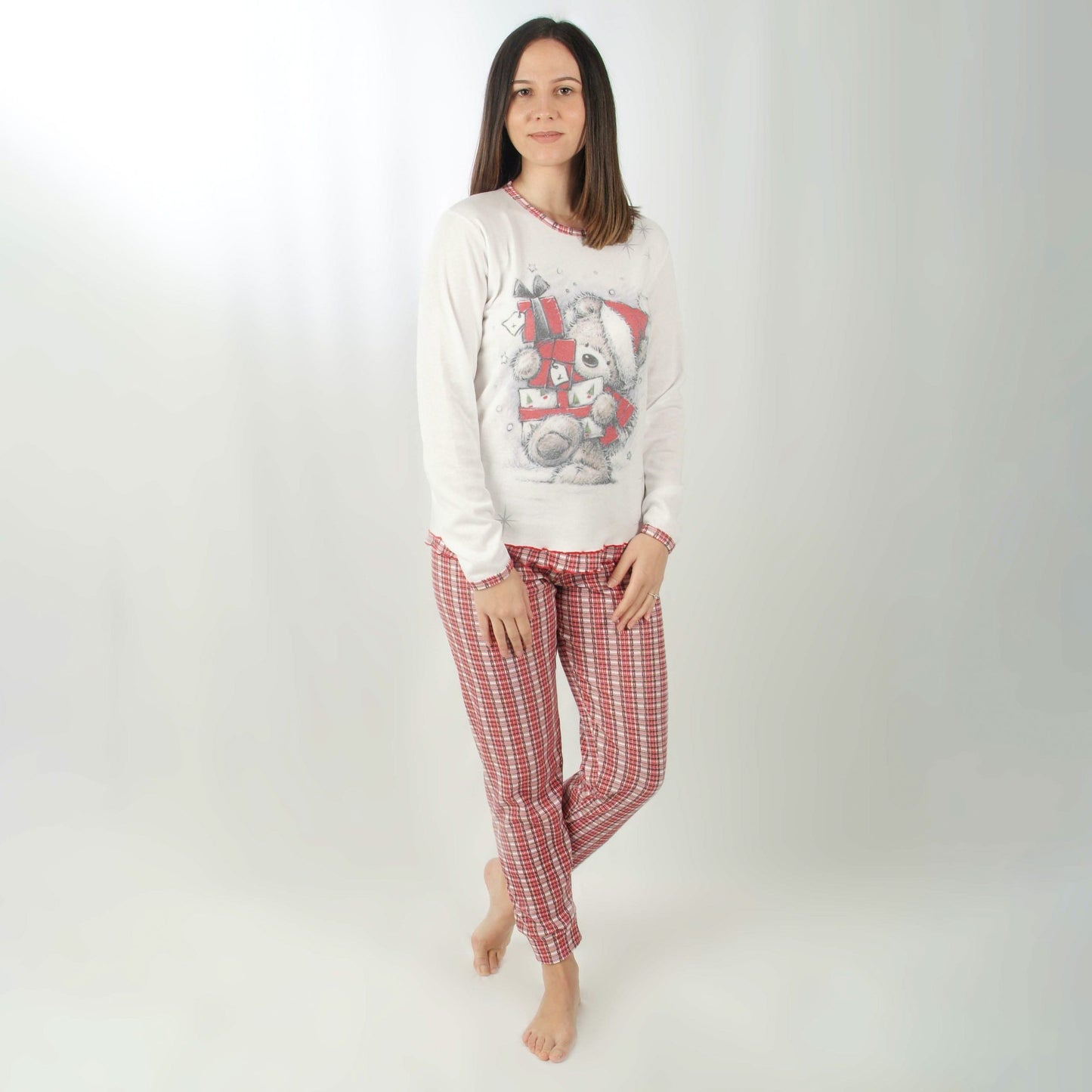 Loja Pijama Mulher Cardado de Manga Comprida Ursinho de Natal Branco