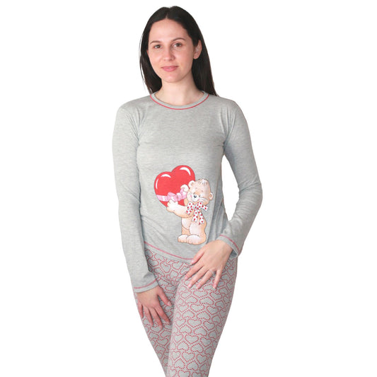 Loja Do Pijama Mulher Manga Comprida com Ursinho e Coração Cinzento