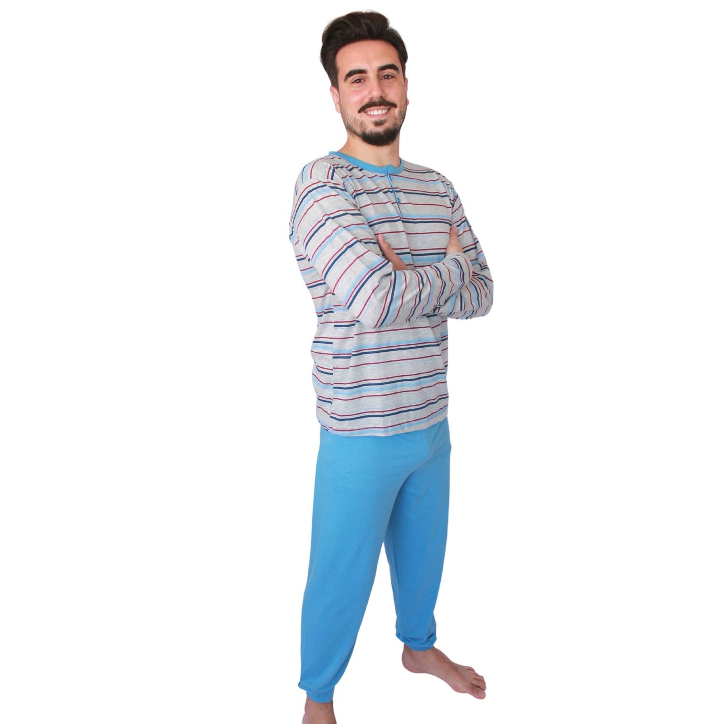 Loja Do Pijama Homem Manga Comprida às Riscas Azul
