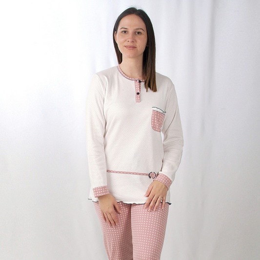 Desana Pijama Mulher Cardado de Manga Comprida Bolso Rosa