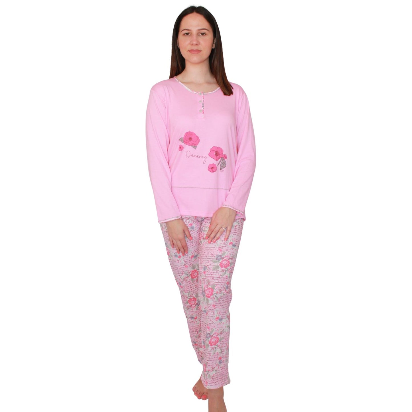Desana Pijama Mulher Manga Comprida Com Flores Rosa