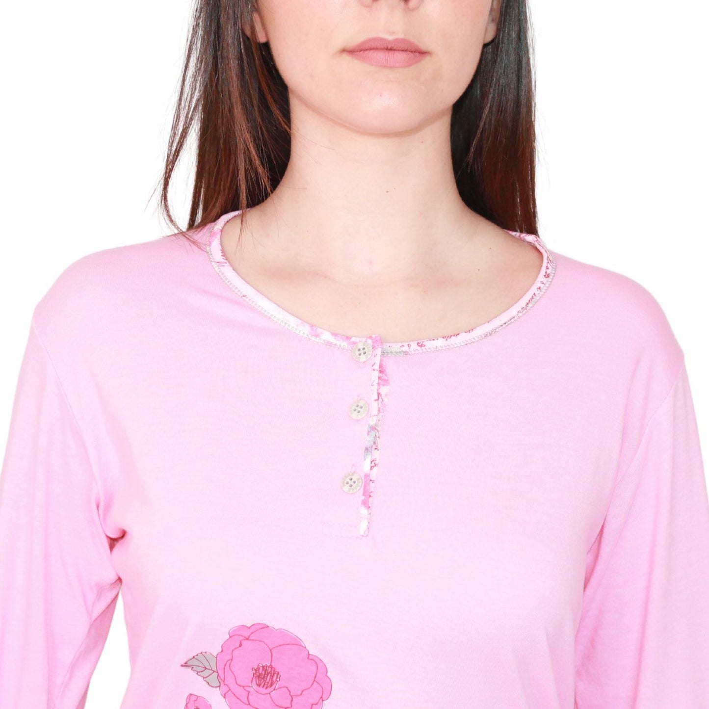 Desana Pijama Mulher Manga Comprida Com Flores Rosa