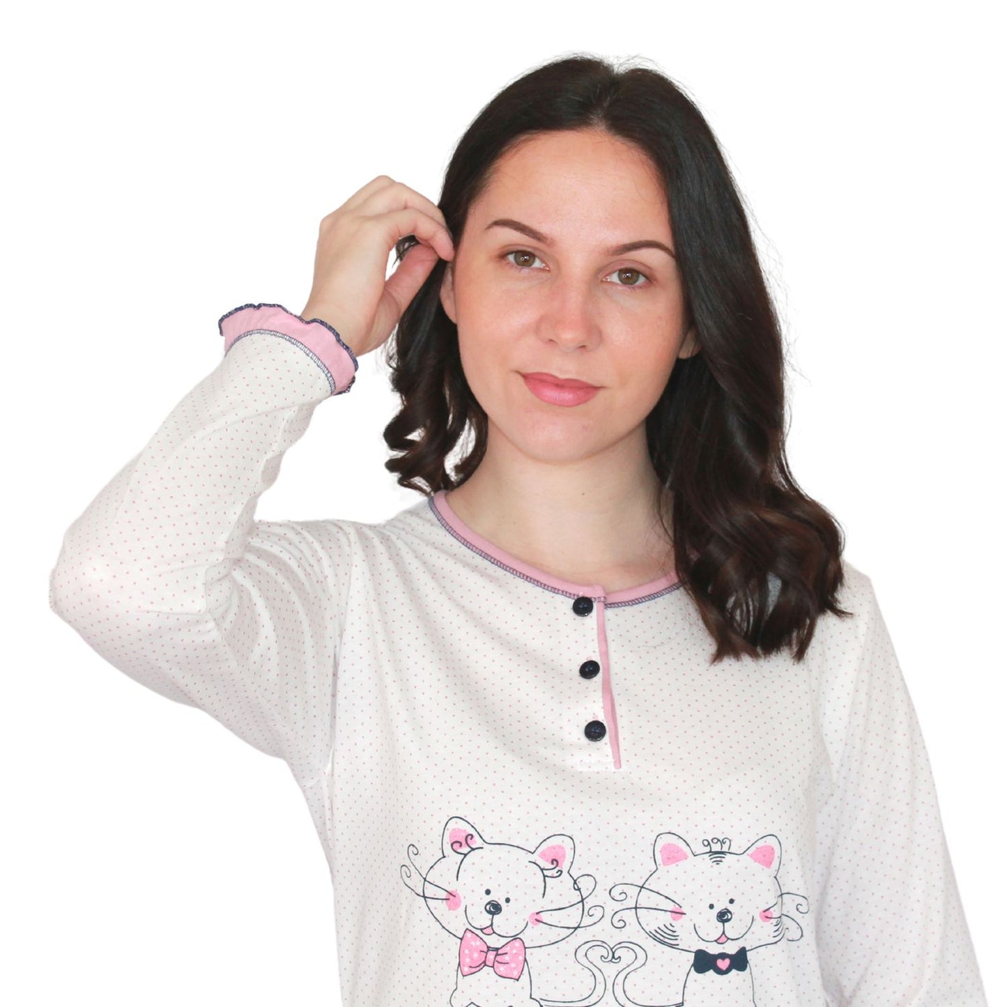 Desana Pijama Mulher de Manga Comprida com Gatinhos Rosa