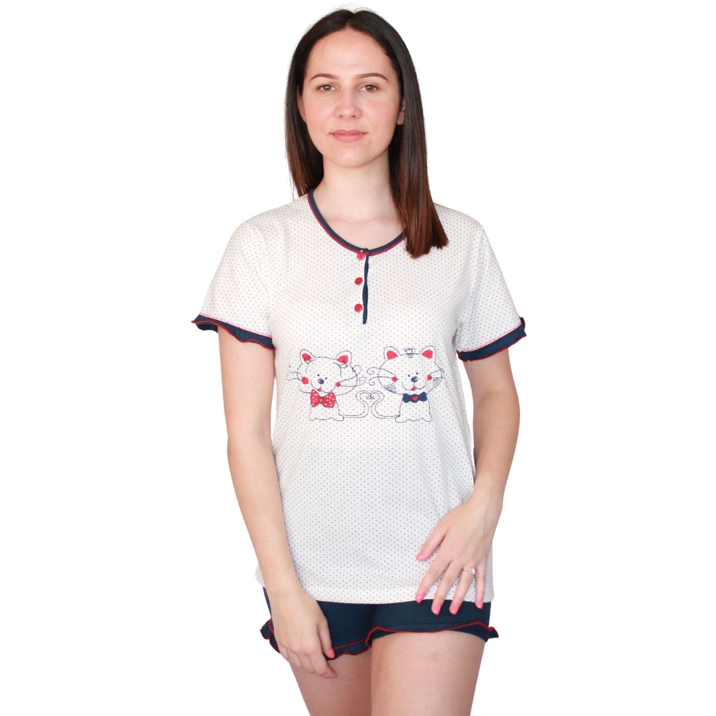 Desana Pijama Mulher de Manga Curta com Gatinhos Azul Marinho