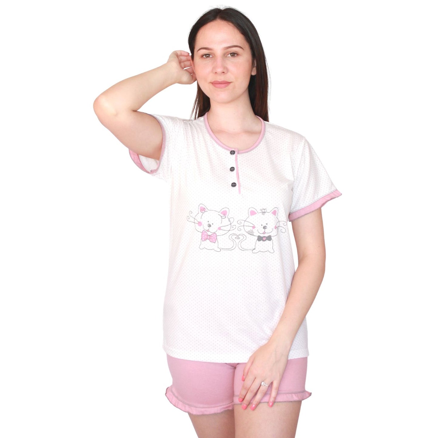 Desana Pijama Mulher de Manga Curta com Gatinhos Rosa
