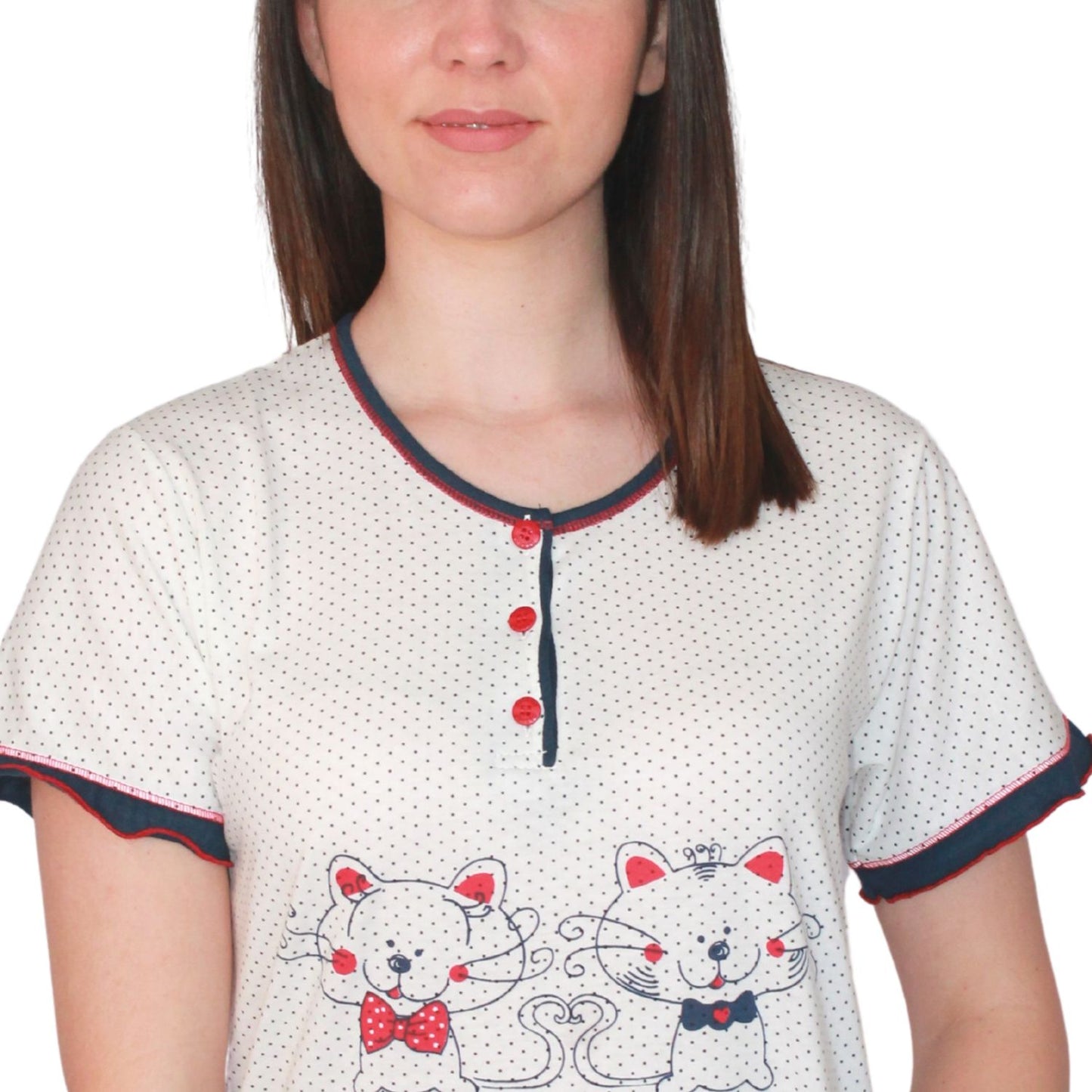 Desana Pijama Mulher de Manga Curta com Gatinhos Azul Marinho
