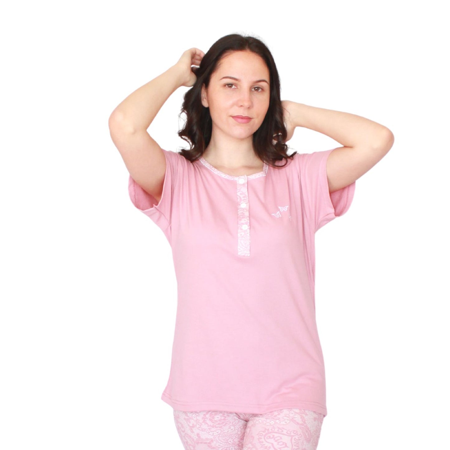 Desana Pijama Mulher Manga Curta com Padrao Rosa