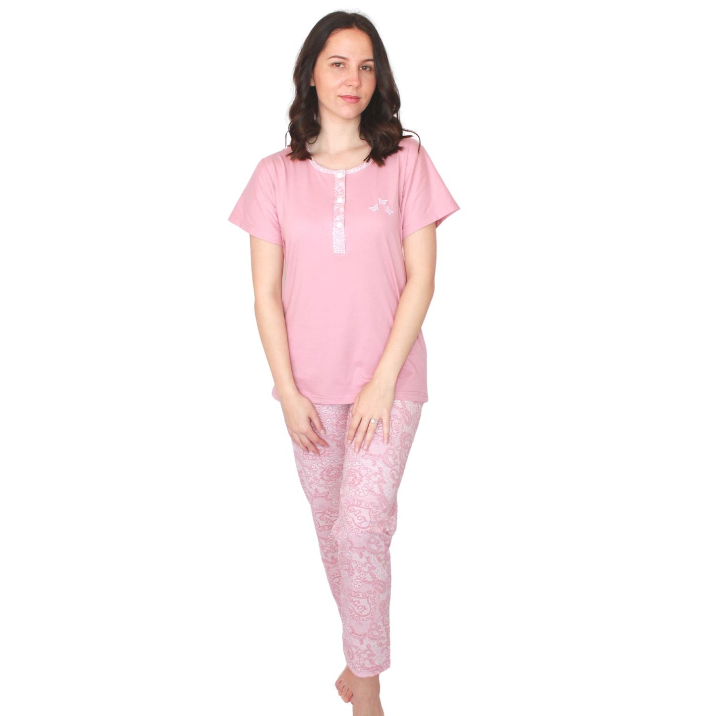 Desana Pijama Mulher Manga Curta com Padrao Rosa
