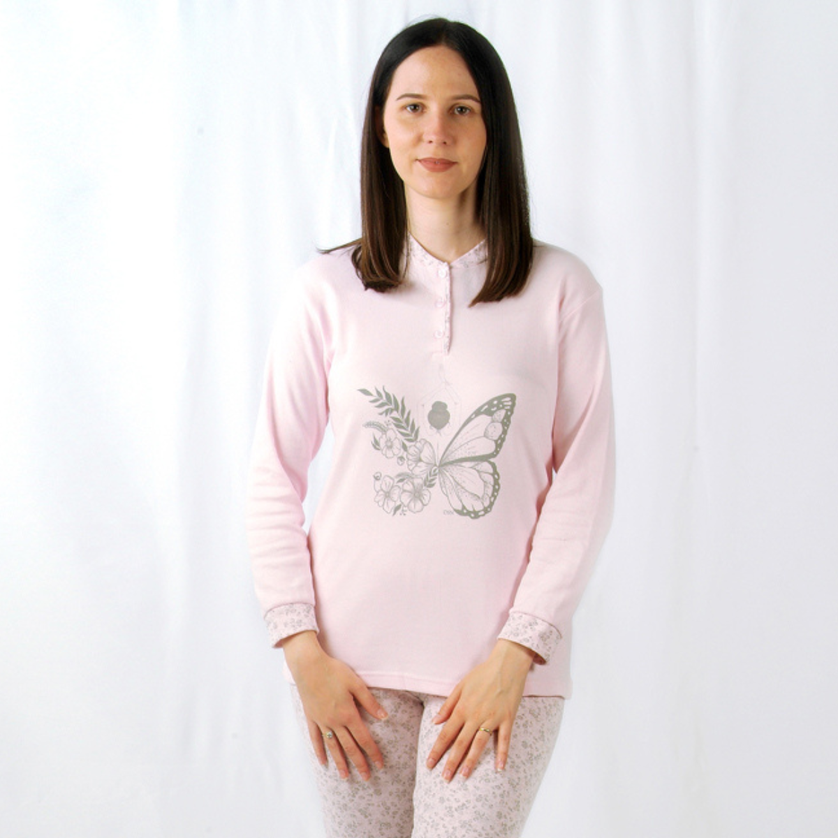 Desana | Pijama Mulher - Cardado - Manga Comprida Borboleta - Rosa