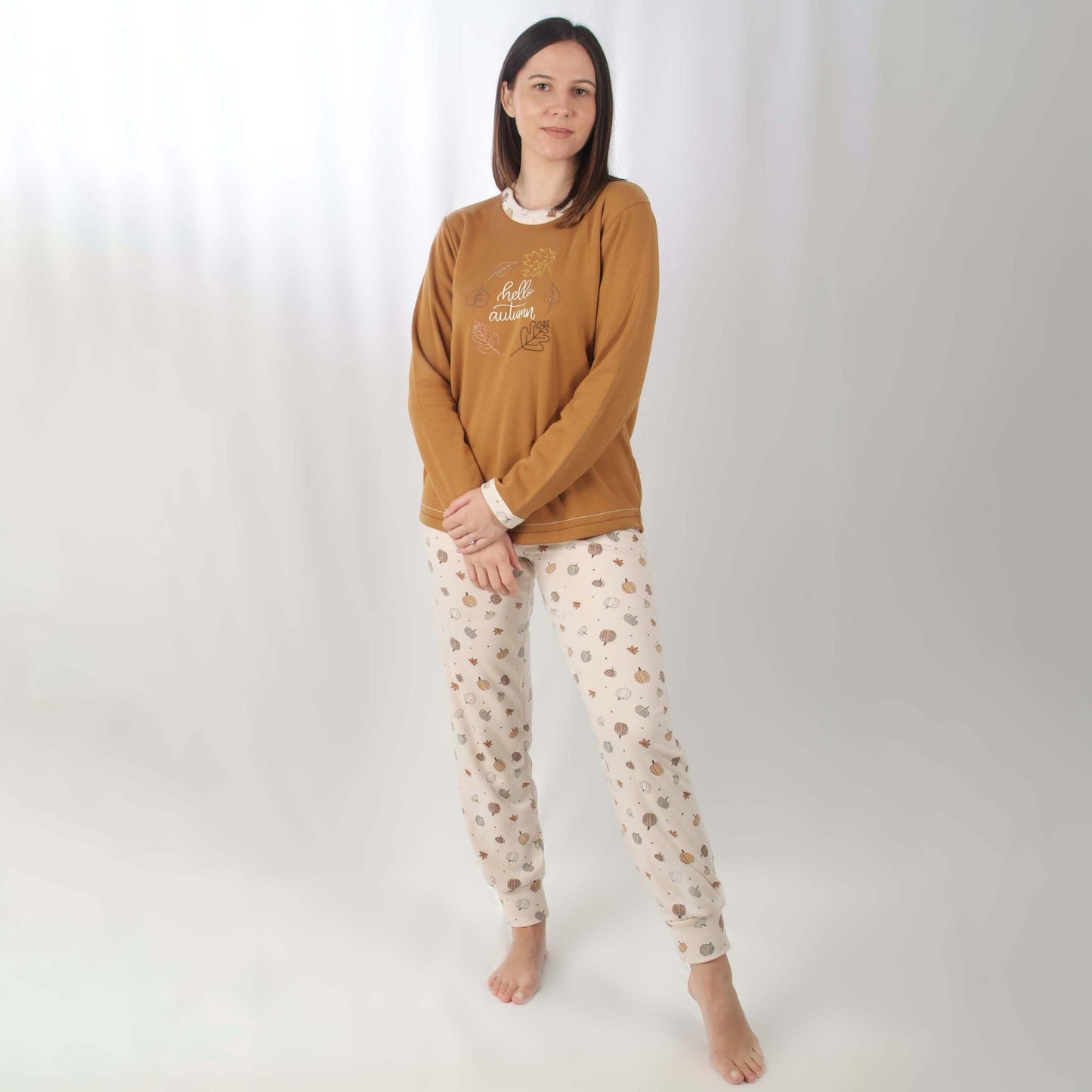 Sónia Pijama Mulher Cardado de Manga Comprida Hello Autumn Castanho