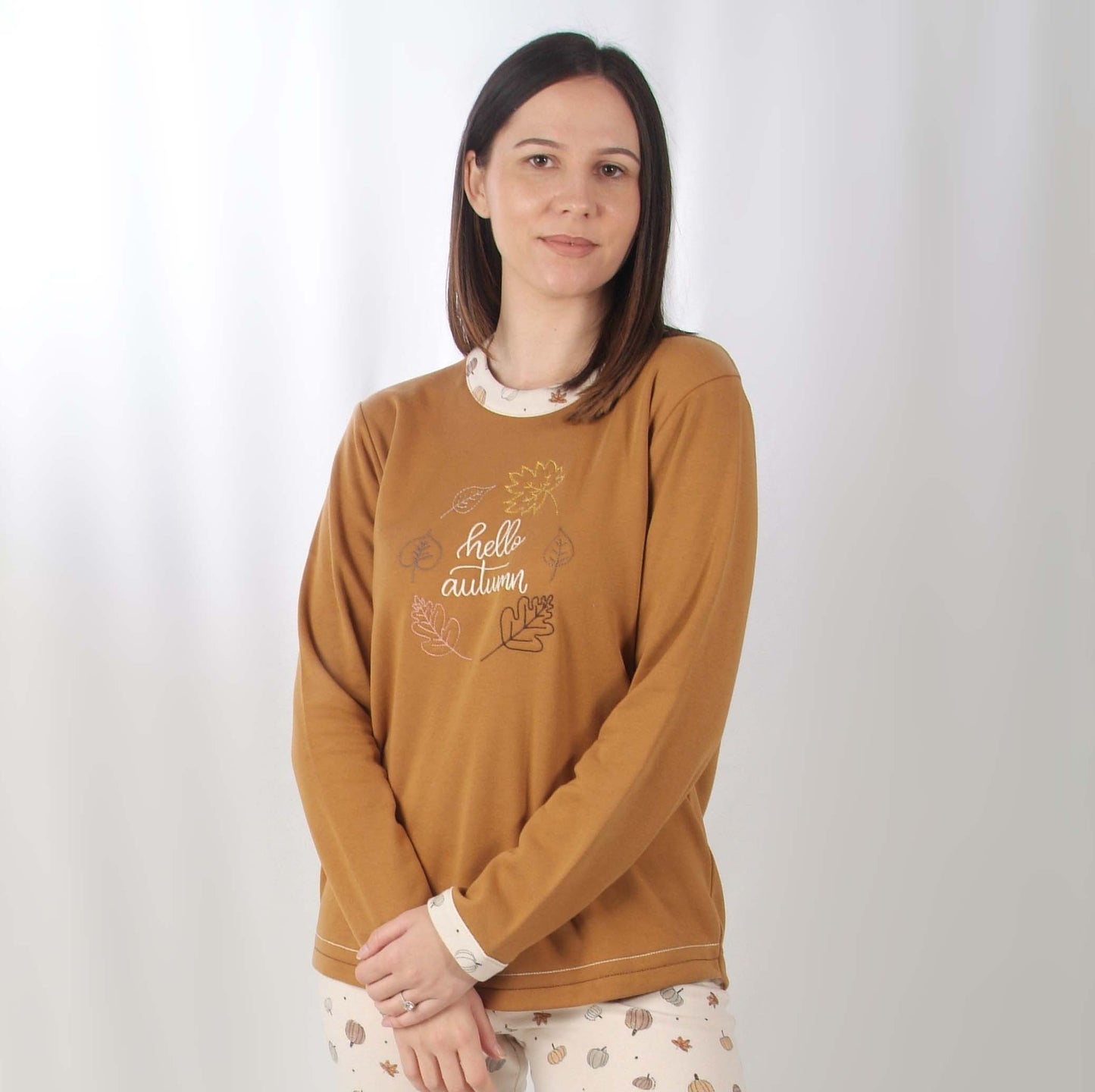 Sónia Pijama Mulher Cardado de Manga Comprida Hello Autumn Castanho