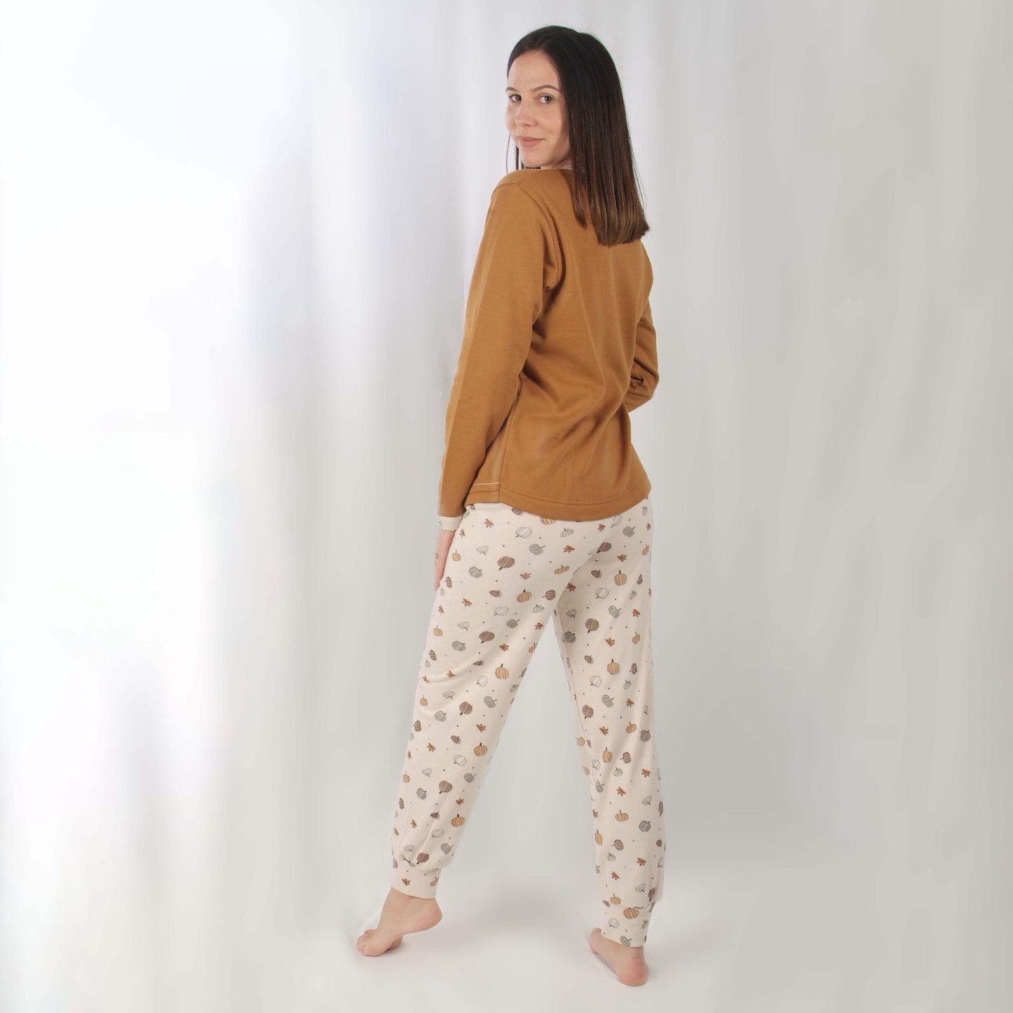 Sónia Pijama Mulher Cardado de Manga Comprida Hello Autumn Castanho