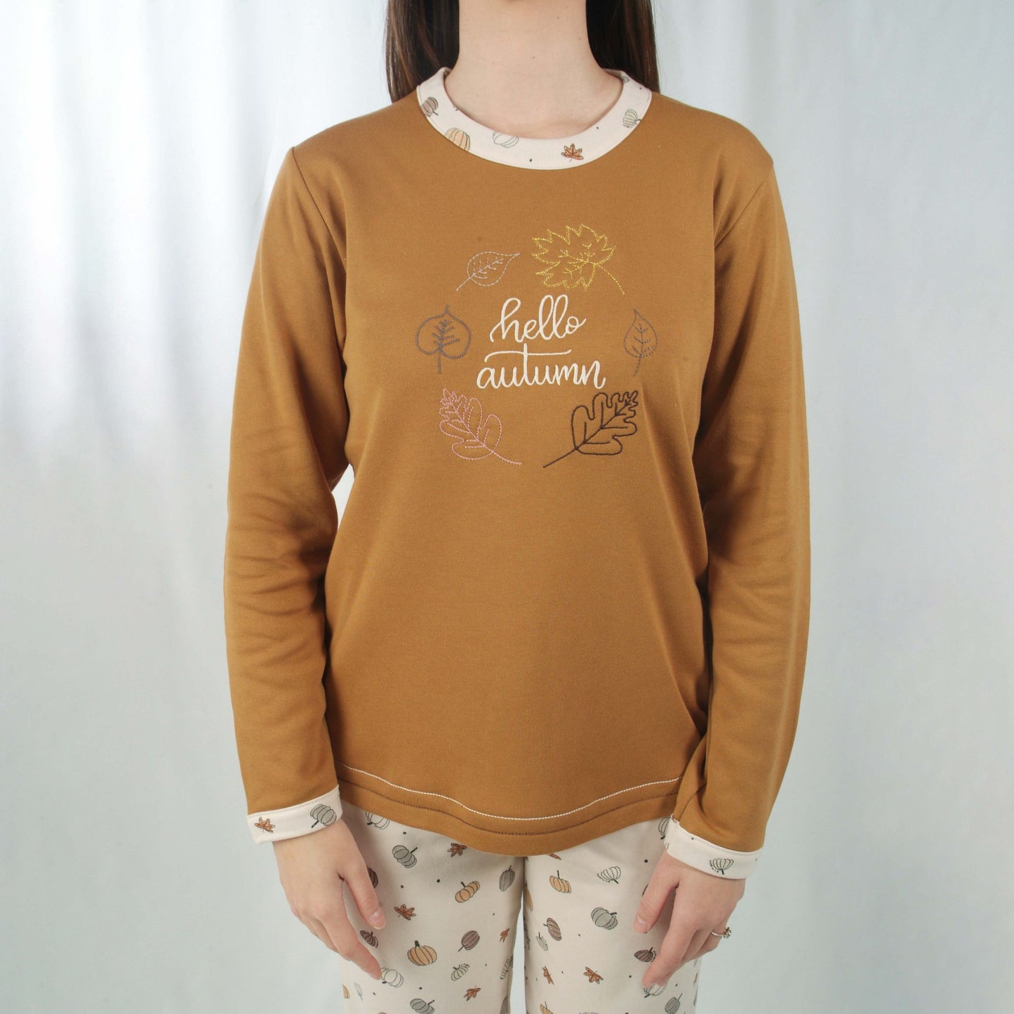 Sónia Pijama Mulher Cardado de Manga Comprida Hello Autumn Castanho