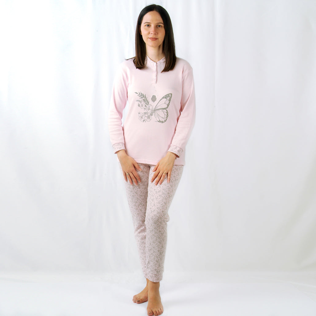 Desana | Pijama Mulher - Cardado - Manga Comprida Borboleta - Rosa