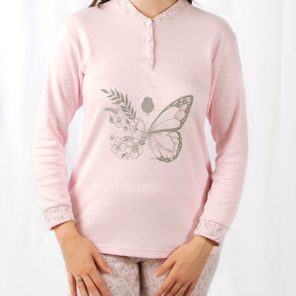 Desana | Pijama Mulher - Cardado - Manga Comprida Borboleta - Rosa