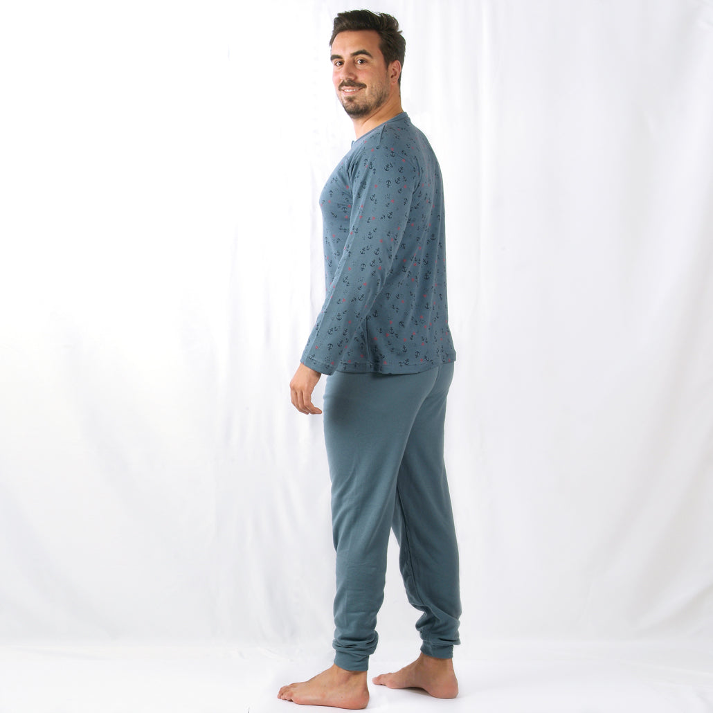 Loja do Pijama | Pijama Cardado de Manga Comprida Âncora  – Homem – Azul Marinho